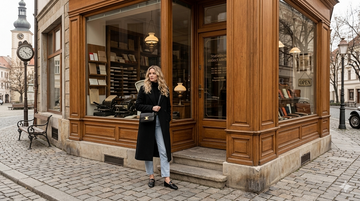 Woman in a winter coat outside a boutique shop, illustrating the best way to store winter coats over Australian summers