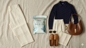 Outfit flat lay with Dew moisture absorber packet showing how long hanging moisture absorbers last in wardrobes and cupboards