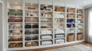 Organised built-in wardrobe with neatly folded clothes on shelves, relevant to musty wardrobe smells caused by trapped moisture