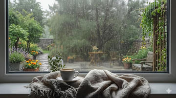 View through window during heavy rain showing wet garden, illustrating how wet weather causes mould in Australian homes